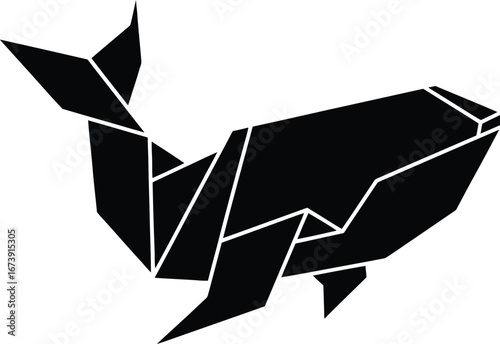 Geometric origami whale silhouette on white background