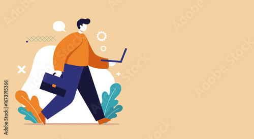 Professional man walking with briefcase and laptop, symbolizing business, digital work, and a connected, productive lifestyle. Ideal for modern work concepts.