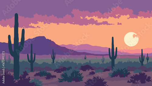 Peoria, AZ – desert plain with low mesa and saguaro clusters at auburn dusk, palette: saguaro green, adobe, dusk purple, sand