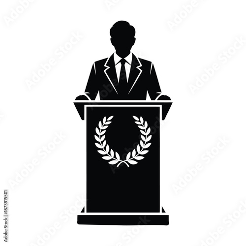 Silhouette of person in suit standing at podium with laurel emblem, symbolizing leadership, public speaking, and formal recognition