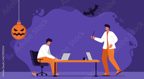 Professionals working on laptops in a festive Halloween-decorated office, blending productivity with holiday spirit. Ideal for seasonal business themes.