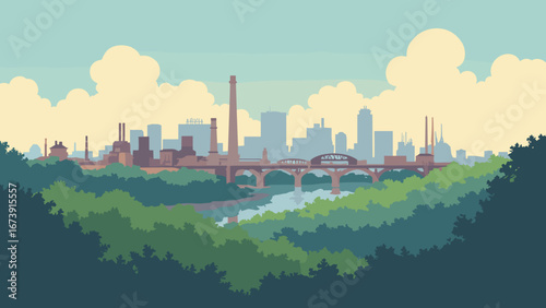 Birmingham, AL – Vulcan Park overlook with industrial valley and iron skyline, palette: iron black, brick red, smokestack gray, moss