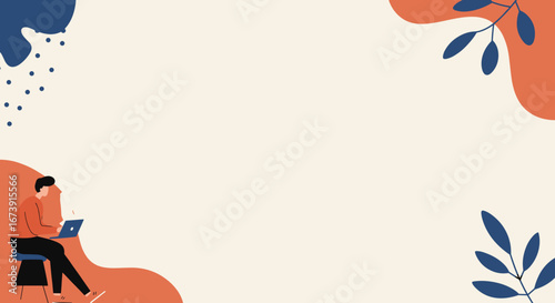 Modern illustration of a person using a laptop with abstract floral elements. Perfect for business, education, or lifestyle content requiring customizable text.