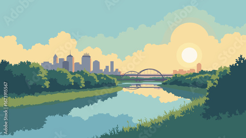 Knoxville, TN – Tennessee Riverfront with Sunsphere and greenbelt, palette: river pewter, sunsphere gold, lawn green, dusk blue