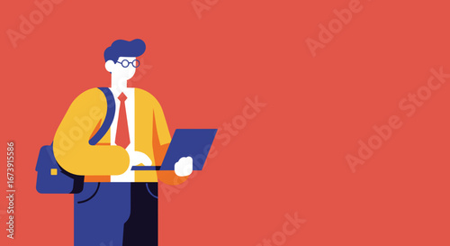 Young professional man, wearing glasses and carrying a messenger bag, works on a laptop. Ideal for business, technology, and freelance concepts.
