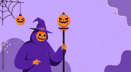 Festive Halloween illustration of a character in a witch's robe with a pumpkin head, holding a staff. Ideal for seasonal events and holiday promotions.