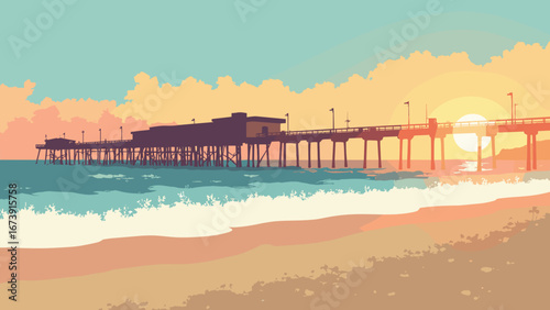 Huntington Beach, CA – pier silhouette with surf lines and palm edges at golden hour, palette: surf teal, pier brown, sand gold, sunset coral