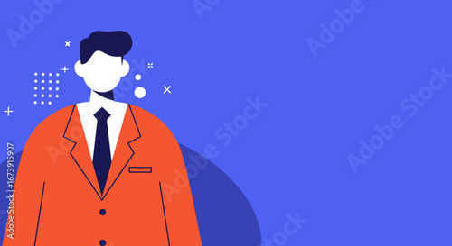Modern flat design illustration of a professional businessman in a suit against a vibrant blue background. Perfect for corporate, leadership, career, and success concepts with ample copy space.