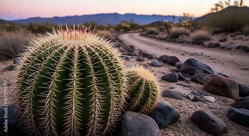 Dramatic view of a barrel cactus with a dirt road leading towards the mountains at sunset.