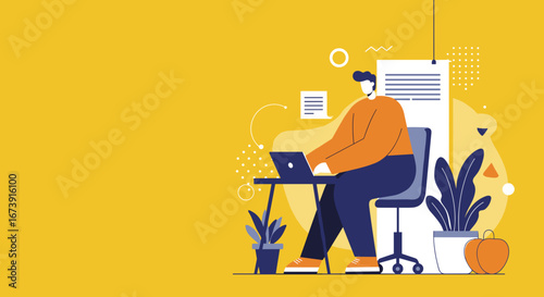 Professional illustration of a person working on a laptop at a desk, ideal for business, remote work, or online learning concepts.