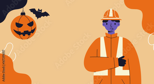 A worker in a safety vest and hard hat stands beside a hanging Halloween pumpkin and a flying bat. Combines workplace safety with festive holiday spirit. Suitable for seasonal industry themes.
