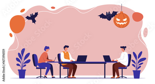 Colleagues collaborate on laptops in a contemporary office setting, subtly decorated with bats and a glowing jack-o'-lantern for Halloween. Ideal for seasonal business and teamwork.