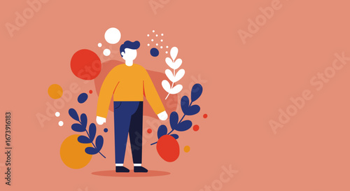 Minimalist illustration of a person surrounded by abstract natural elements, conveying calm, creativity, and modern lifestyle concepts. Ideal for web, business, or personal growth themes.