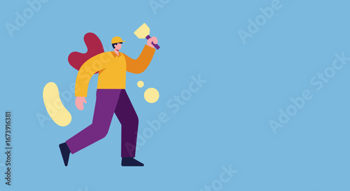 Illustration of a man in a cap, striding confidently with a plastering trowel against a blue background. Ideal for concepts of construction, renovation, art, or design services.