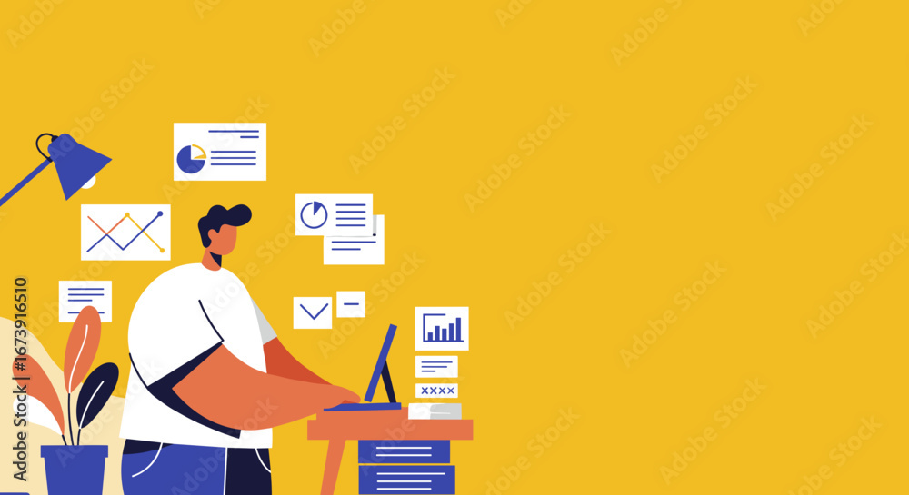 Obraz premium A focused person uses a laptop, surrounded by charts and documents, representing data analysis, productivity, and modern business operations.