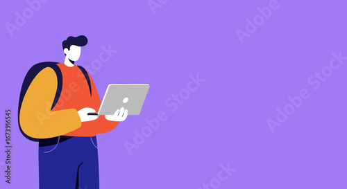 Young man with a backpack using a laptop, representing remote work, online education, or digital nomad lifestyle. Ample copy space for technology, business, or travel concepts.