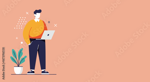Modern flat illustration of a man working on a laptop, embodying digital business, remote work, online learning, and productivity. Ideal for technology, lifestyle, and educational content.