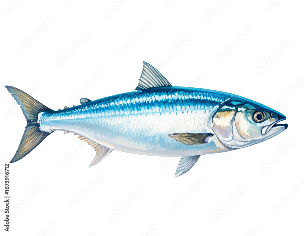 Fototapeta premium Carefully drawn illustration of bluefish. Charming. Delicious. Hand-drawn style. Brush. Seafood. Freshness. Fresh. Market. DHA, EPA. Health. Diet.