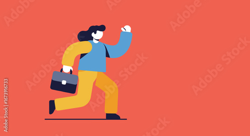 Dynamic illustration of a business person running with a briefcase, conveying urgency, ambition, and career progression. Ideal for business, success, or lifestyle concepts.