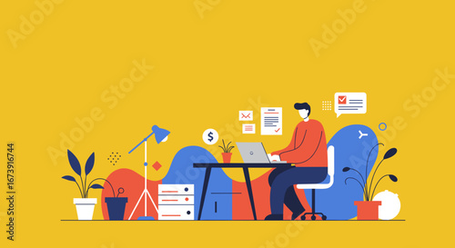 Professional illustration of a man working efficiently on his laptop in a modern home office. Ideal for remote work, business, productivity, and online education concepts.
