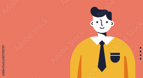 Friendly cartoon businessman illustration with a tie, smiling confidently against a clean coral background. Ideal for business, corporate, or professional concepts.