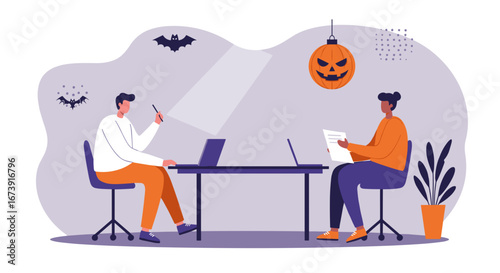 Two colleagues work together in a festive office decorated for Halloween, featuring a jack-o'-lantern and bats. Ideal for business, teamwork, and seasonal holiday concepts.