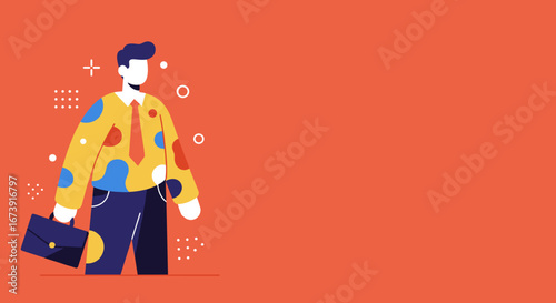 Modern illustration of a confident businessman holding a briefcase, featuring a colorful polka dot shirt against a vibrant orange background. Ideal for business, creativity, or lifestyle concepts.