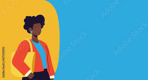 Confident Black woman illustration with a tote bag on a vibrant yellow and blue background, offering copy space. Perfect for diverse business, lifestyle, and marketing themes.