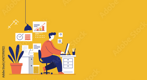 Efficient man working on a computer at his desk, surrounded by business data and task management icons. Ideal for productivity, remote work, or project management concepts.