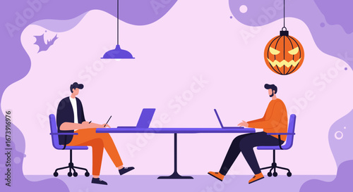 Two men working diligently in a festive office setting, adorned with Halloween decorations. Ideal for showcasing seasonal business and productive teams.