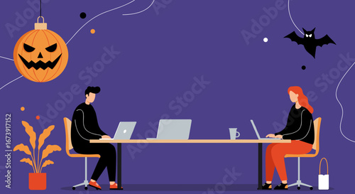 Two professionals work on laptops in a festive office decorated with Halloween elements like a pumpkin lantern and a bat. Ideal for seasonal business concepts.