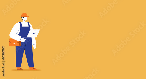 Modern flat illustration of a professional worker in overalls, holding a laptop and bag, representing service, delivery, or technical support. Ideal for business and technology themes.