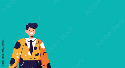 Smiling professional man in a stylish suit on a vibrant teal background, conveying confidence, success, and a friendly welcome. Ideal for business, corporate, and lifestyle content.