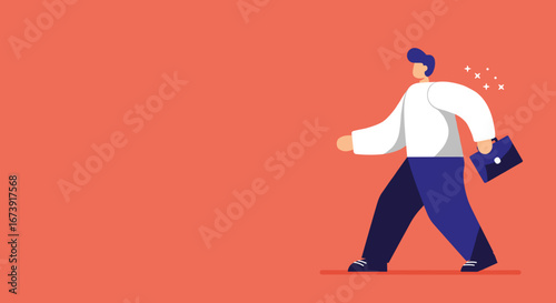 Stylized illustration of a confident professional walking forward with a briefcase, symbolizing career progress, success, and new opportunities. Ideal for business, corporate, and motivational themes.
