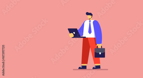 Professional businessman in a flat design illustration, actively working on a laptop while carrying a briefcase. Ideal for concepts of productivity, mobile work, and modern business.