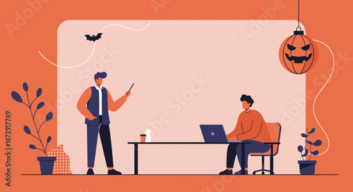Professional men in a Halloween-decorated office. One presents with a pointer, the other works on a laptop. Perfect for festive business, education, or autumn promotions.