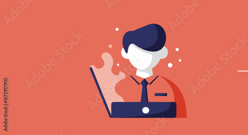 Stylized illustration of a professional engaged in work on a laptop, symbolizing digital business, remote productivity, and online learning in a modern setting.