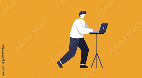 Man using a laptop on a standing desk or podium, engaged in remote work, online learning, or a presentation. Represents modern productivity and technology integration.