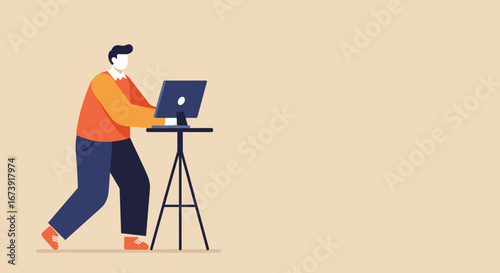 A focused person works on a laptop placed on a stand, symbolizing remote work, online education, or digital creativity. Ideal for business, technology, and modern lifestyle themes.
