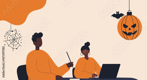 Professionals engage in remote work or study amidst festive Halloween decorations, symbolizing seasonal productivity and collaboration.