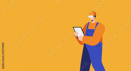 Professional construction worker or engineer wearing safety gear and using a digital tablet for site management and planning against a vibrant background.