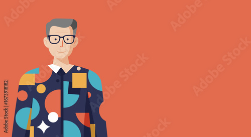 Friendly, smiling senior man in modern geometric pattern shirt, symbolizing wisdom, creativity, and approachable expertise. Ideal for business, education, or lifestyle content.