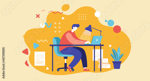 Focused person working remotely on a laptop at a desk with a lamp and plant. Illustrates productivity, online business, and modern work lifestyle.