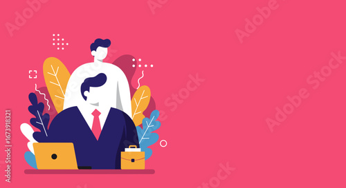 Modern flat illustration depicting two business professionals engaged in teamwork with a laptop and briefcase. Ideal for concepts of corporate collaboration, growth, and office productivity.