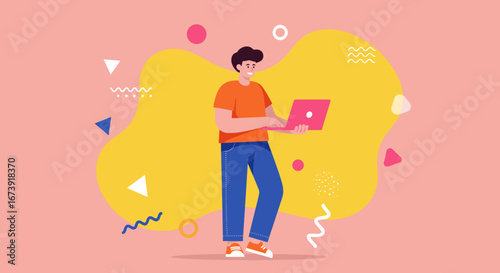 Happy young man working or studying remotely on his laptop, surrounded by a vibrant, abstract background. Concepts of modern tech, learning, and digital lifestyle.