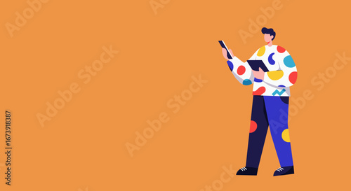 Modern man using a smartphone and tablet simultaneously, showcasing digital connectivity and multitasking in a vibrant, illustrative style. Ideal for technology, business, and lifestyle concepts.