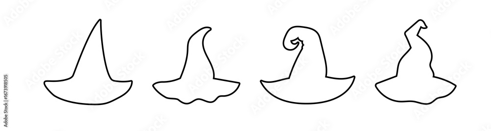 Fototapeta premium Collection of outlined witch hats – whimsical black vector designs great for fantasy artwork, spooky projects, and Halloween party invitations.