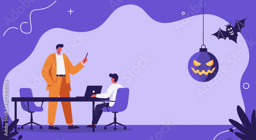 A business professional presents to a colleague at a modern office desk, integrating a Halloween theme. Useful for business, education, or seasonal promotions.