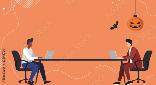 Diverse professionals collaborate online from separate desks, featuring seasonal Halloween decor. Ideal for business, productivity, and virtual work concepts.