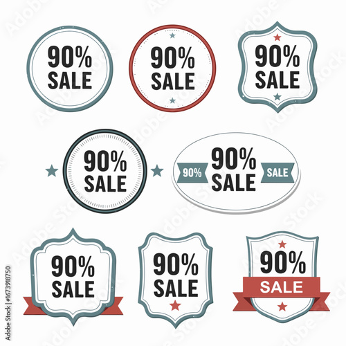 Creative 90% sale discount badge with bold typography for marketing banners, retail promotion and clearance sales.